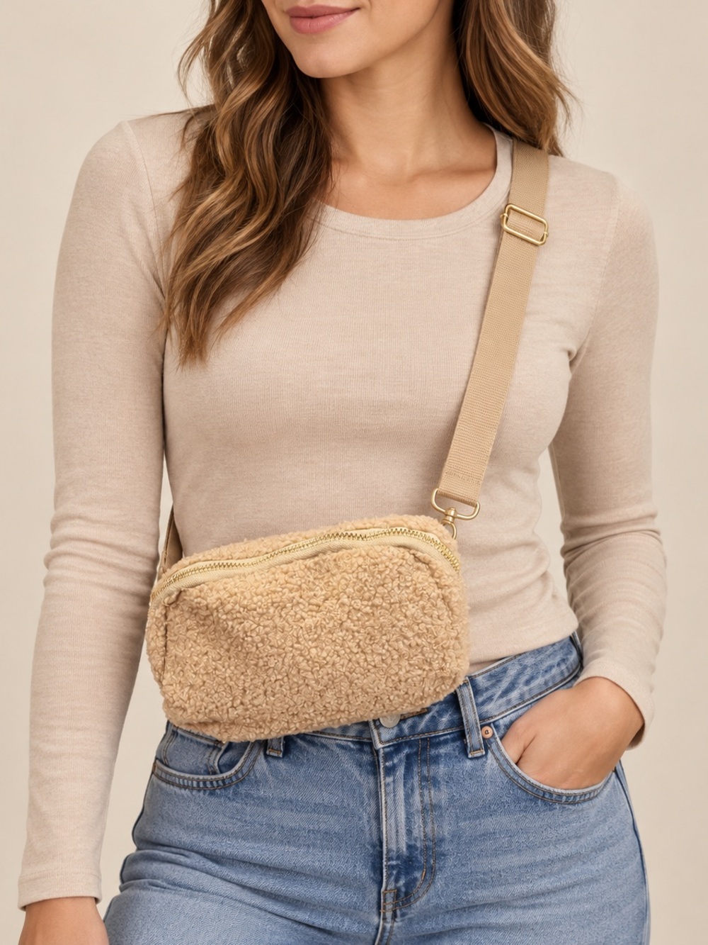 NWOT Beige Sherpa Crossbody Belt Bag - Women